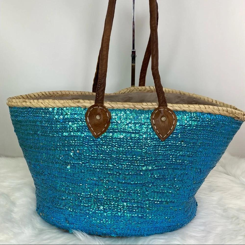 Moroccan Jute and Leather Tote with Blue Sequins